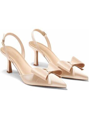 Women's Champagne Gold Slingback Kitten Heel Bow Satin Closed Toe Wedding Pumps